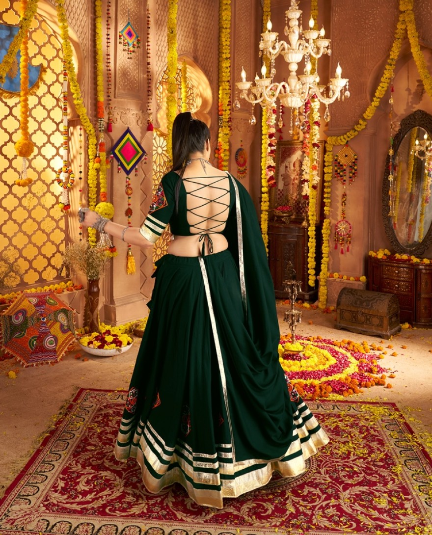 11006 - Intricate Green Viscose Rayon Navratri Wear Lehenga Choli With Dupatta